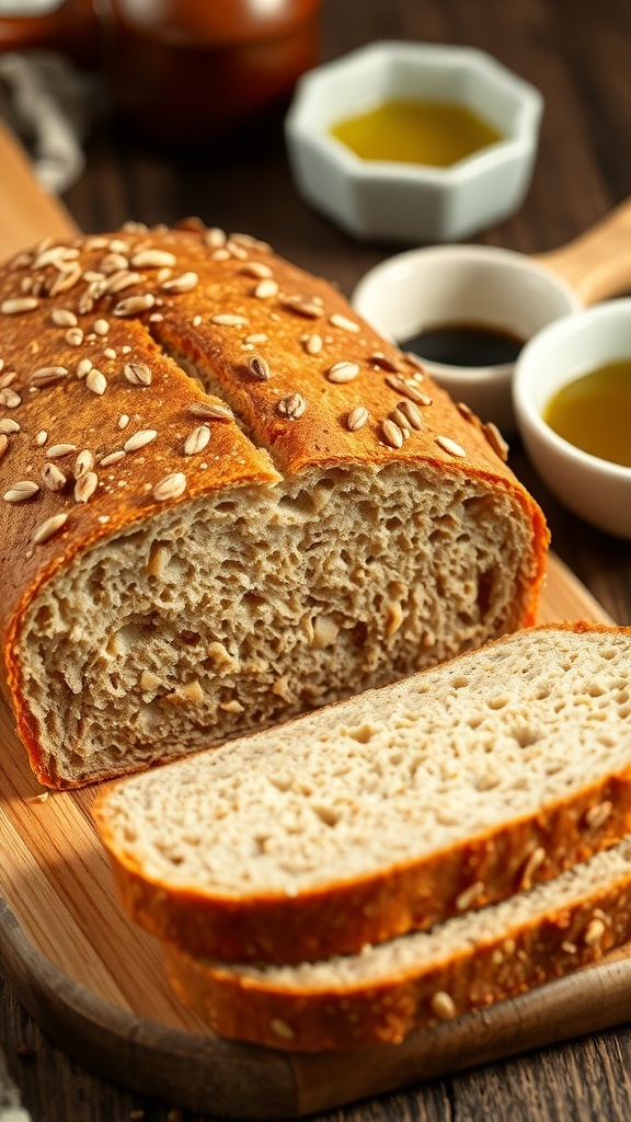 Sliced gluten-free buckwheat bread on a wooden cutting board, showcasing its dense texture and garnished with seeds.